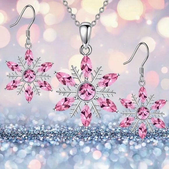 Snowflake Pink Crystal Necklace & Earrings Set - Picture 1 of 2